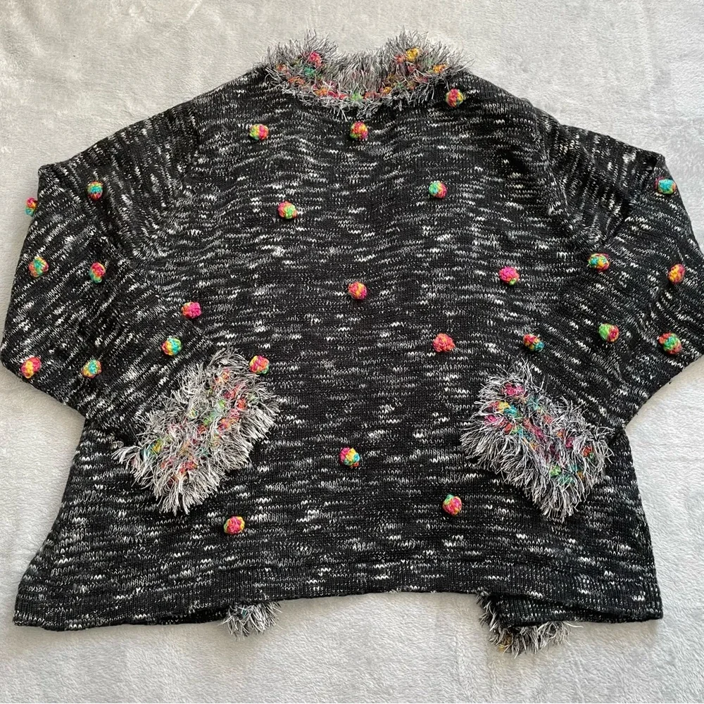 Design Options Holiday Cardigan Sweater XL Fringe Bobble Static Marl Wool‎ Blend